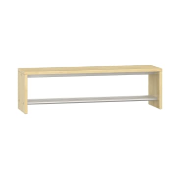 Eine Schuhbank aus hellem Holz mit offenem Design, einer flachen Oberseite und einem einzelnen Metallregal darunter als Stauraum. Die Bank hat einfache, gerade Linien und keine sichtbaren dekorativen Elemente.