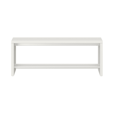 Eine schlichte, weiße, rechteckige Bank mit einer flachen Sitzfläche und einem unteren Stützbalken, die vor einem weißen Hintergrund gezeigt wird. Das Design ist einfach und modern mit klaren, geraden Linien.