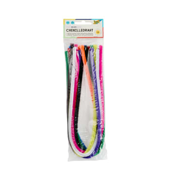 Eine durchsichtige Plastikverpackung mit verschiedenen farbigen Chenillestängeln, auch bekannt als Pfeifenreiniger, mit einem Etikett an der Oberseite, auf dem CHENILLEDRAHT steht.