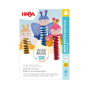 Eine HABA-Bastelpackung mit dem Titel Erstes Falten Käfer & Schmetterlinge, mit Illustrationen von gefalteten Papierkäfern und Schmetterlingen auf weißem Hintergrund. Das Set ist für Kinder ab 3 Jahren geeignet und enthält 9 Aktivitäten.