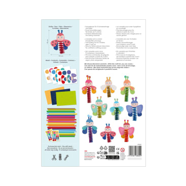 Rückansicht einer Bastelpackung mit der Aufschrift Erstes Falten Käfer & Schmetterlinge. Das Set enthält buntes Papier, Pfeifenreiniger, Aufkleber, Glupschaugen und Anleitungen zum Basteln von Käfern und Schmetterlingen. Die Illustrationen zeigen die fertigen Bastelarbeiten.