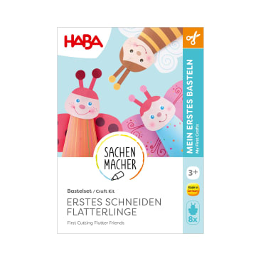 Eine Bastelpackung mit der Aufschrift HABA zeigt drei bunte Schmetterlingsfiguren aus Bastelmaterial. Die Verpackung enthält Text in Deutsch und Englisch und wird für Kinder ab 3 Jahren empfohlen.