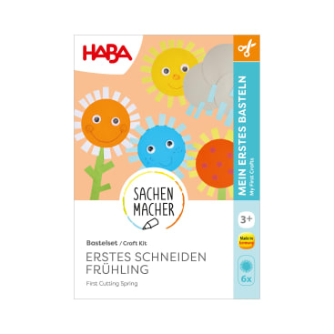 Eine Packung des HABA Sachenmacher-Bastelsets "Erster Schneiden Frühling" mit fröhlichen Sonnen- und Blumenmotiven aus Papier, geeignet ab 3 Jahren. Das Set ist mit dem Hinweis "Made in Germany" versehen.