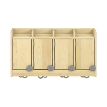 Ein Aufbewahrungsschrank aus hellem Holz mit vier Fächern oben und vier Türen unten, jede Tür mit einem großen grauen runden Griff. Der Schrank hat Räder an der Unterseite für die Mobilität sichtbar.