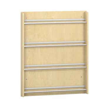 Ein Holzpaneel mit heller Holzoberfläche, an dessen Vorderseite drei gleichmäßig verteilte horizontale Metallstäbe angebracht sind. Die Platte ist rechteckig und hat sichtbare Schrauben an den Ecken.