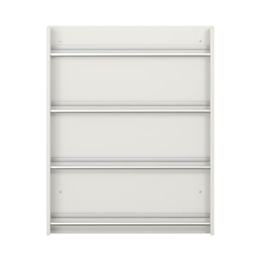 Weißes Bücherregal mit drei gleichmäßig verteilten horizontalen Fächern, von vorne gesehen vor einem schlichten weißen Hintergrund. Das Regal hat ein minimalistisches, modernes Design.