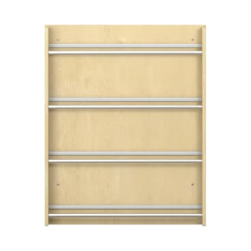 Ein Holzregal mit vier gleichmäßig verteilten horizontalen Metallstäben auf der Vorderseite, abgebildet auf einem schlichten weißen Hintergrund.