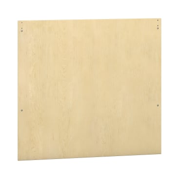 Eine flache, quadratische Holztafel mit heller, natürlicher Oberfläche, sichtbarer Holzmaserung und vier Metallschrauben, eine an jeder Ecke. Die Platte steht aufrecht vor einem schlichten weißen Hintergrund.