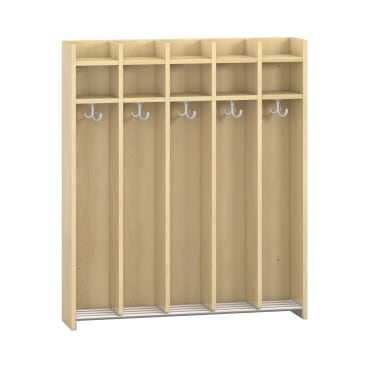 Ein Holzschrank mit fünf vertikalen Fächern, die jeweils einen Metallhaken und ein oberes Ablagefach enthalten, und einem Metall-Schuhregal im unteren Bereich. Das Design ist einfach und funktional.