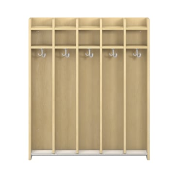 Ein Holzschrank mit fünf vertikalen Fächern, die jeweils zwei Haken und ein oberes Fach enthalten. Der Schrank hat eine helle Holzoberfläche und ist leer.