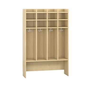 Ein Schrank aus Holz mit vier vertikalen Fächern mit jeweils zwei weißen Haken und einem Fachboden darüber. In der oberen Reihe befinden sich acht kleinere Fächer und unten eine Bank.