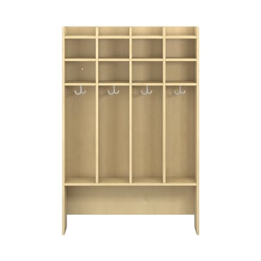 Ein Holzschrank mit vier vertikalen Fächern, jedes mit einem weißen Haken und einem Fach darüber. Die Struktur ist aus hellem Holz und hat unten eine offene Sitzfläche.
