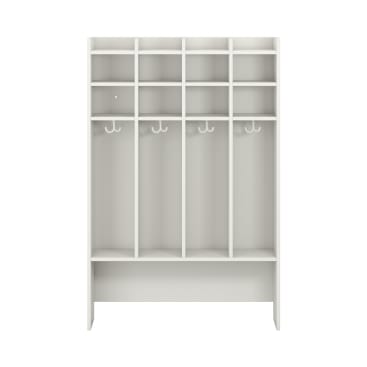 Ein weißer Schrank mit vier vertikalen Fächern, jedes mit zwei offenen Regalen oben, einem Haken in der Mitte und einer Bank unten.