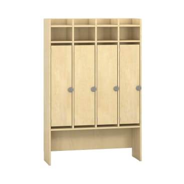 Ein heller Holzschrank mit vier hohen Türen und runden grauen Griffen, mit je einem offenen Fach oben und unten sowie vier offenen Fächern oben.