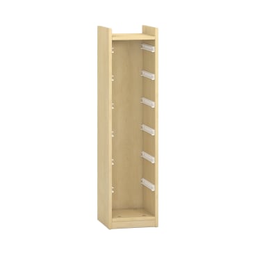 Hoher, schmaler Holzschrank mit offener Front und fünf Metallschienen an den Innenseiten zum Einsetzen von Regalen oder Schubladen. Der Schrank hat eine helle Holzoberfläche und keine sichtbare Rückwand.
