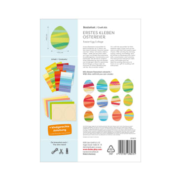 Rückseite einer Bastelpackung, die den Inhalt für eine Ostereier-Collage zeigt. Enthält farbige Papierbögen, Schablonen, den Inhalt des Sets, Schritt-für-Schritt-Anleitungen und Text in Deutsch und Englisch.