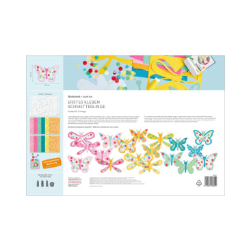 Eine Bastelpackung mit Materialien und Anleitungen zur Herstellung von Schmetterlingscollagen. Bilder von farbenfrohen Papierschmetterlingen und Bastelmaterial werden gezeigt, zusammen mit Text in Deutsch und Englisch, der das Projekt beschreibt.