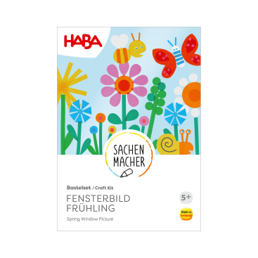 Eine farbenfrohe Bastelbox mit illustrierten Blumen, einem Schmetterling, einem Marienkäfer und einer Schnecke. Der Text enthält "HABA", "Sachenmacher" und "Fensterbild Frühling", beschriftet für Kinder ab 5 Jahren.