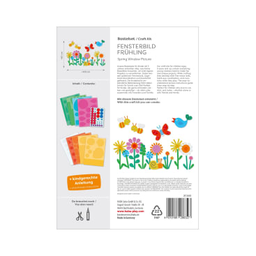 Eine Bastelpackung mit der Aufschrift Fensterbild Frühling mit Bildern von Blumen, Schmetterlingen und Vögeln und visuellen Anleitungen, die den Inhalt der Packung wie farbiges Papier, Aufkleber und Anweisungen auf Deutsch zeigen.