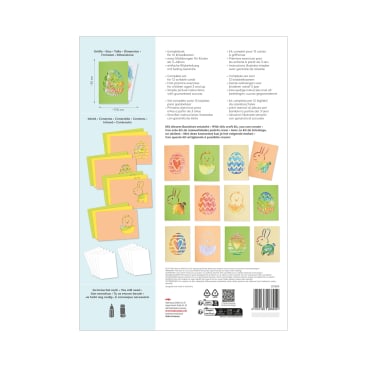 Die Rückseite einer Bastelpackung mit der Aufschrift First Scribble Cards Easter zeigt den Inhalt: illustrierte Osterkarten, Umschläge und Beispielbilder von Karten mit Osterhasen, Eiern und Küken in Pastellfarben.