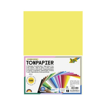 Eine Packung farbiger Folia-Papierblätter mit einem gelben Deckblatt und einem Etikett mit 25 verschiedenen Farben und Abbildungen der enthaltenen Farboptionen auf der Verpackung.