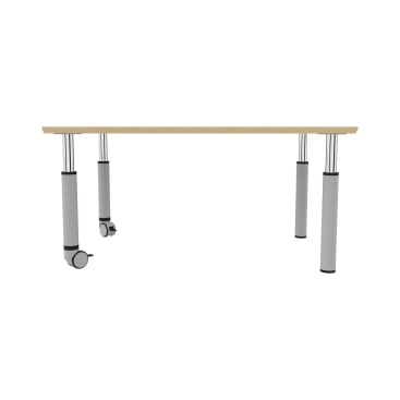 Ein rechteckiger Tisch mit einer Platte aus hellem Holz und vier zylindrischen Metallbeinen, von denen zwei mit Rädern versehen sind, ist auf weißem Hintergrund abgebildet.