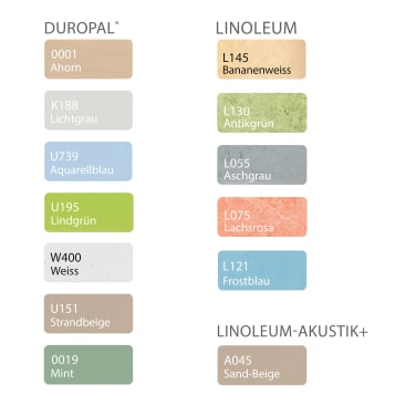 Eine Tabelle zeigt Farbmuster für DUROPAL-, LINOLEUM- und LINOLEUM-AKUSTIK+-Materialien, die jeweils mit einem Code und einem Namen versehen sind, einschließlich der Farbtöne Beige, Grün, Blau, Rosa, Grau und Weiß.