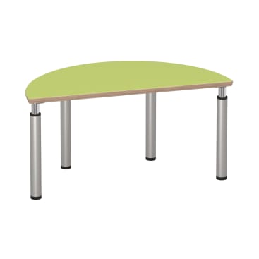 Ein grüner, halbkreisförmiger Tisch mit einer hellen Holzkante und vier zylindrischen Metallbeinen, dargestellt auf weißem Hintergrund.