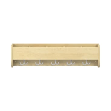 Wandgarderobe aus Holz mit sechs weißen Doppelhaken, die in gleichmäßigen Abständen an der Unterseite angebracht sind. Der Ständer ist aus hellem Holz und hat eine rechteckige Form.