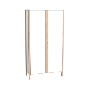 Ein hoher, rechteckiger Schrank mit zwei weißen Türen und hellen Holzverkleidungen, der auf vier Beinen steht. Der Schrank hat ein minimalistisches Design und einen einzelnen runden Griff an einer der Türen.