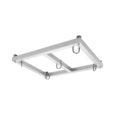 Ein rechteckiges Deckenregal aus Metall mit einer gitterartigen Struktur und vier U-förmigen Haken, die am Rahmen befestigt sind und zum Aufhängen von Gegenständen dienen.