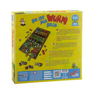 Die Rückseite der Schachtel des Brettspiels Da ist der Wurm drin zeigt das Spielbrett, die Spielsteine, die mehrsprachige Anleitung, die Preislogos und bunte Grafiken von Würmern und Gartenelementen.