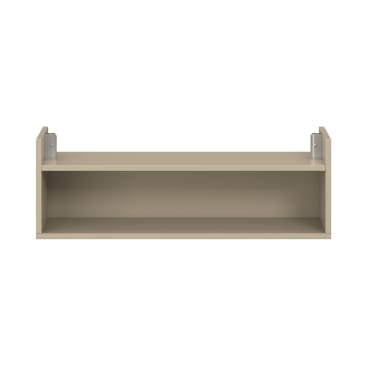 Ein beigefarbenes Wandregal mit rechteckiger Form, offener Vorderseite und beidseitig sichtbaren Metallhalterungen auf der Rückseite.