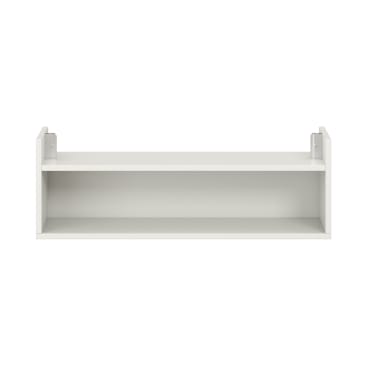 Ein weißes, rechteckiges Wandregal mit offener Front und Seiten, von vorne gesehen vor einem schlichten weißen Hintergrund. Das Regal hat ein einfaches, minimalistisches Design.