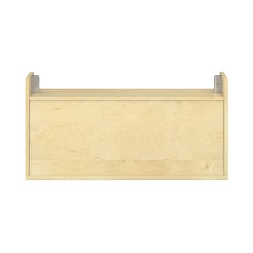 Ein wandmontierter Aufbewahrungsschrank aus hellem Holz mit einer flachen Frontplatte, Metallhalterungen auf beiden Seiten und einer natürlichen Holzmaserung. Der Schrank ist vor einem weißen Hintergrund fotografiert.