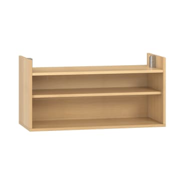 Ein rechteckiges Wandregal aus hellem Holz mit zwei offenen Regalböden und Metallklammern an den oberen Ecken, vor weißem Hintergrund.