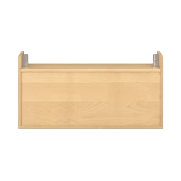 Rechteckiges Wandregal aus Holz mit heller, natürlicher Oberfläche und beidseitigen Metallbügeln zur Befestigung. Das Regal hat klare, einfache Linien und eine glatte Frontplatte.