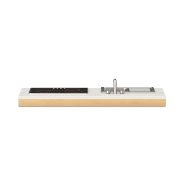 Eine minimalistische Küchenarbeitsplatte mit einem Elektroherd, zwei Spülbecken und einer Holzkante, von vorne gesehen vor einem schlichten weißen Hintergrund.