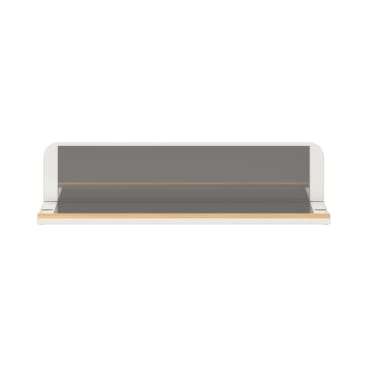 Ein modernes, minimalistisches Wandregal mit einer grauen Rückwand, weißen Seiten und einem hölzernen Akzent entlang der Unterkante, dargestellt vor einem schlichten weißen Hintergrund.