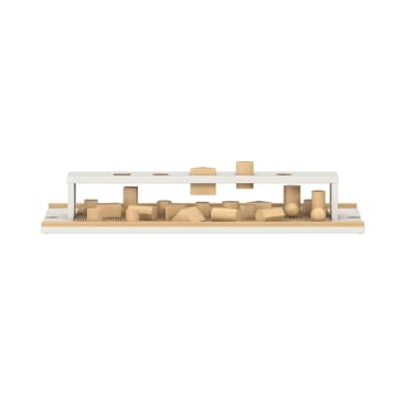 Ein minimalistisches weißes, rechteckiges Regal mit verschiedenen geometrischen Formen aus hellem Holz, darunter Würfel, Zylinder und Kegel, die auf einem flachen Holzsockel unterhalb und teilweise innerhalb des Regals angeordnet sind.