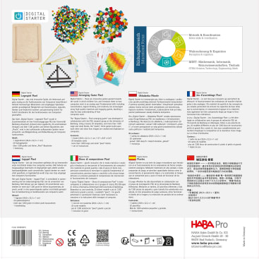 Die Rückseite der Schachtel für ein Pixelkunst-Lernpaket zeigt Produktabbildungen, ein Diagramm mit kreisförmigen Fähigkeiten und einen mehrsprachigen Text, der den Inhalt, die Anweisungen und die pädagogischen Vorteile in mehreren Sprachen beschreibt. Am unteren Rand befinden sich verschiedene Zertifizierungslogos.
