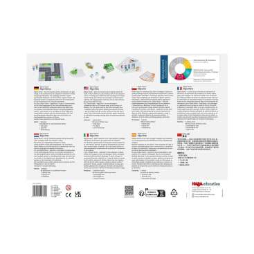 Rückseite einer HABA-Bildungsproduktverpackung mit Abbildungen der Spielkomponenten, einem Farbraddiagramm, Produktdetails, Sicherheitssymbolen, Barcodes, QR-Codes und Anleitungen in mehreren Sprachen, alles auf weißem Hintergrund.