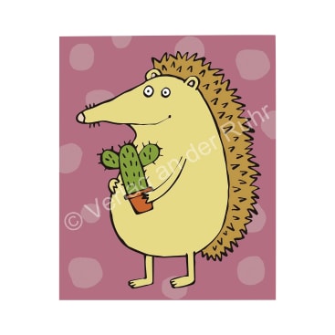 Cartoon-Illustration eines lächelnden gelben Igels, der einen kleinen getopften Kaktus hält und auf seinen Hinterbeinen vor einem rosa Hintergrund mit helleren Tupfen steht.