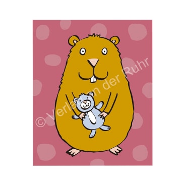 Ein Cartoon-Biber mit großen Vorderzähnen steht auf seinen Hinterbeinen und hält einen kleinen ausgestopften Bären. Der Hintergrund ist rosa mit helleren rosa Flecken.