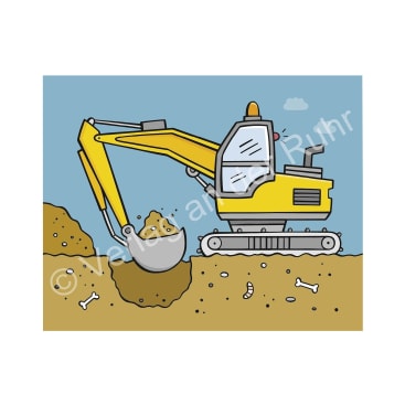 Ein gelber Bagger gräbt vor einem blauen Himmel mit einer kleinen Wolke in einem Erdhügel mit Knochen. Die Maschine ist nach links gerichtet, und ihre Schaufel schaufelt Erde auf.