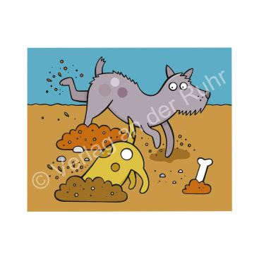 Ein Cartoon-Hund gräbt mit seinen Hinterbeinen im Dreck, während ein gelbes Wesen in der Nähe ebenfalls gräbt. Dreckhaufen und ein Knochen sind auf dem Boden verstreut. Der Hintergrund ist einfach mit einem blauen Himmel.