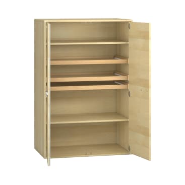 Ein heller Holzschrank mit zwei offenen Türen, die fünf Einlegeböden freigeben. Die Einlegeböden sind gleichmäßig verteilt, wobei drei der oberen Böden zusätzlich mit dünneren Stützlatten versehen sind. Der Schrank ist leer.