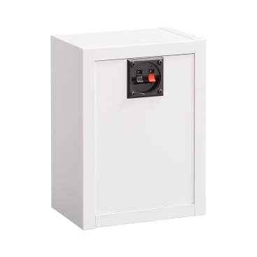 Ein weißes, rechteckiges elektronisches Gerät mit einem schwarzen Eingabefeld, das auf der Vorderseite eine rote und eine schwarze Klemme aufweist und vor einem schlichten weißen Hintergrund steht.