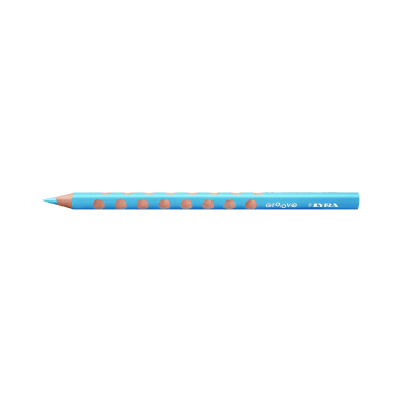 Ein blauer hölzerner Farbstift mit einer Reihe kreisförmiger Griffpunkte aus Naturholz entlang des Schaftes, beschriftet mit "Groove" und "LYRA", liegt horizontal auf einem weißen Hintergrund.