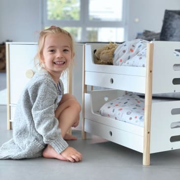 Puppenhochbett 2in1, Holz, mit Wendebettwäsche, ab 3 Jahren